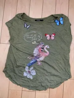 中古　美品　Desigual　半袖　Tシャツ　カーキ　フラミンゴ　スパンコールのサムネイル