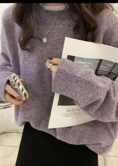 薄紫 クルーネック 長袖ニットセーター
