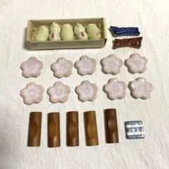 【未使用】箸置き・カトラリーレスト・陶器・木製・桜・鳥・ボーダー・ハンドメイド