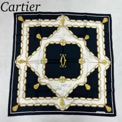 【新品／未使用】カルティエ　スカーフ　大判　真珠　 黒　白 金色装飾 日本製 スカーフ シルク 100% 高級 ブランド 大判 シルク