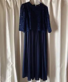 レースレディース L 紺 ロング丈 シフォン プリーツ 花 レースワンピース