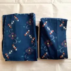 未使用かわいい！　ウール着物羽織　アンサンブル　明るめ藍色　ローズ白オレンジ絣