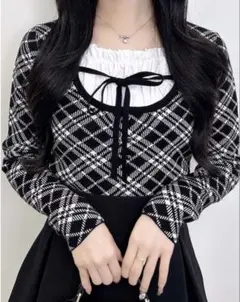 フロントフリルドッキングチェック柄ニット