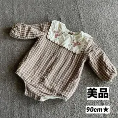新品★90 花柄刺繍チェック柄 ロンパース 韓国こども服❤️