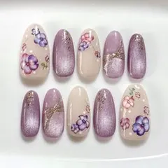 春　フラワー　マグネット　パープル系　ネイルチップ　オーバル