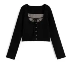 GRL an1917 チェック柄レイヤード風リボンニットトップス