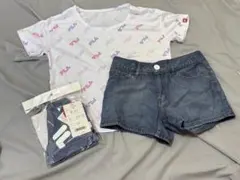 【数回使用and水着新品】 FILA ロゴ入りTシャツ付き水着4点セット150㌢