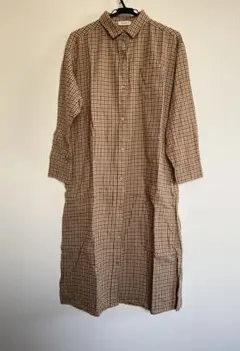チェック柄 長袖シャツワンピース　ブラウン