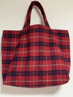 ハンドメイド　赤いタータンチェックのトートバッグ　サブバッグ　薄起毛