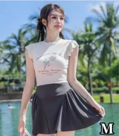 ワンピース水着 花柄×英字 フレアスカート フリル袖 体型カバー グレー 海