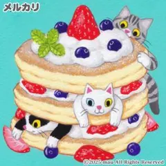 原画「三匹の猫と苺パンケーキ」イラスト/アート/絵画/猫/スウィーツ/いちご