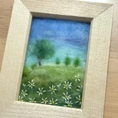 羊毛フェルト 刺繍「ひまわり畑」フレーム ハンドメイド 風景画 羊毛