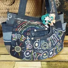 【ゆり様専用】刺繍デニムバック　No.695　デニムリメイク