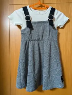 120cmCUTE LOVEチェック柄ドッキングワンピースジャンパースカート風