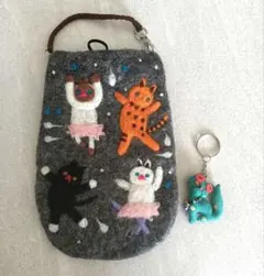 猫刺繍 フェルト スマホショルダーバッグ