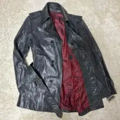 ASM レザートレンチコート コート ダブルブレスト ベルト付 M位 黒 水牛革