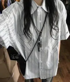 SHEIN ストライプ半袖シャツ ブルー ホワイト M