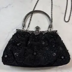 極美品 3WAY ビーズ刺繍 パーティーバッグ がま口 黒 定価1.3万円