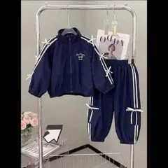 キッズかわいいリボン長袖ジャージ130ネイビー韓国セットアップ女の子ダンス練習服