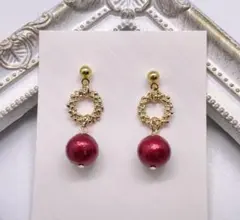 5.コットンパール レッド ハンドメイド ピアス イヤリング