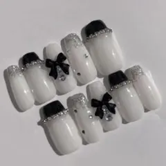 ネイルチップ リボン ハート フレンチガーリー ワンホン韓国 スナ系　地雷