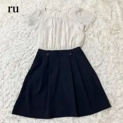 ru 切替半袖ワンピース　フレア　Aライン　ドレス　セレモニー　ドット柄　水玉