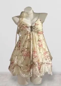 Y2K 花柄ワンピース レース 編み上げ バレエコア ガーリー