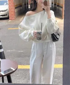 オフショルダースウェット オフショルダースウェットトップス韓国ファッション