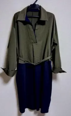 パステルマム　モスグリーンとネイビーのシャツワンピース