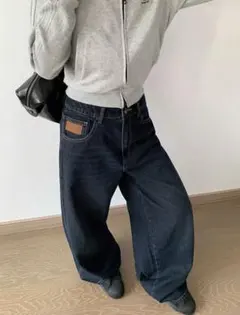 ダークブルーデニム ワイドレッグパンツ SHEIN