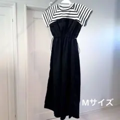 【未使用】ストライプ 半袖 ロングワンピース Mサイズ 2way ウエストマーク