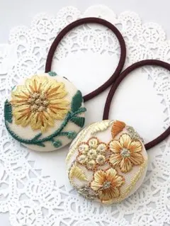 【No.156】インド刺繍 くるみボタン38㎜ ヘアゴム 2個セット