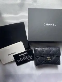 CHANELブラックキルティング三つ折り財布マトラッセキャビアスキン