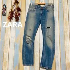 【ZARA】ザラ ダメージ デニムパンツ ジーンズ クラッシュ加工 ブルー　M