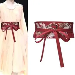 和風サッシュベルト　着物ベルト　ワンピースベルト　刺繍ベルト　鶴モチーフ　赤