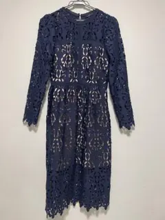 ZARAネイビー レース 長袖 ひざ丈ワンピースS