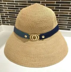 美品 アシーナニューヨーク ハット 麦わら帽子 フラワーレース 紺