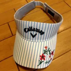 レディーステニス、ゴルフCallaway ストライプバイザー 水色 花柄刺繍