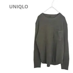 【ユニクロ UNIQLO】ワッフルクルーネックT 長袖 胸ポケット Mカーキ