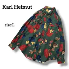 Karl Helmut　総柄長袖シャツ　帽子柄　エンブレム　蝶ネクタイ柄　L　緑のサムネイル