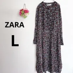 a5861 ザラ　フラワープリント　長袖　シャツワンピース　総柄　古着　L