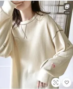 リブ編みオーバーサイズ長袖Tシャツ M クリーム