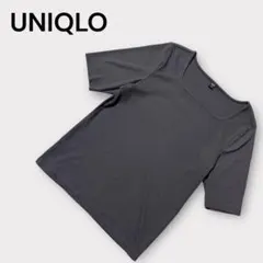 美品✨UNIQLO リブスクエアネックT 5分袖 グレー M