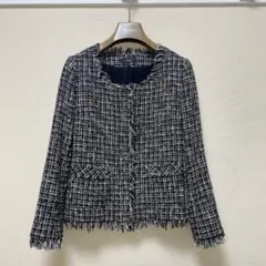 【美品】theory セオリー　ツイード　ノーカラージャケット　フリンジ　0