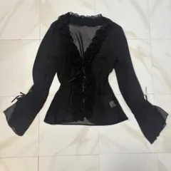 シースルー ブラウス フリル リボン シフォン シアー 長袖 ブラック Y2K