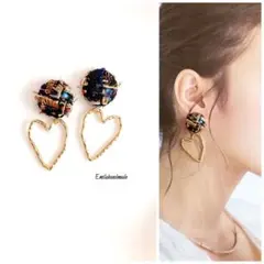 【No.197】ハンドメイド ピアス イヤリング ツィード ハート 大人可愛い