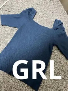 ネイビー リブカットソー　オフショルダー パフスリーブ トップス L