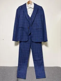 青のチェック柄スーツセット3ピース　160 男の子　フォーマル　卒業式