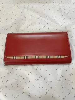 BURBERRY 赤 レザー 長財布 チェック柄