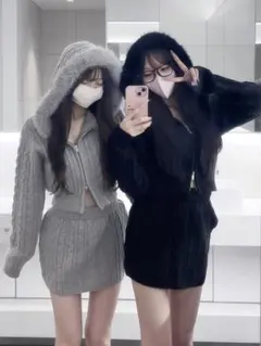 ケーブル編みファーニットパーカー×ミニスカートセットアップ[gf90a]